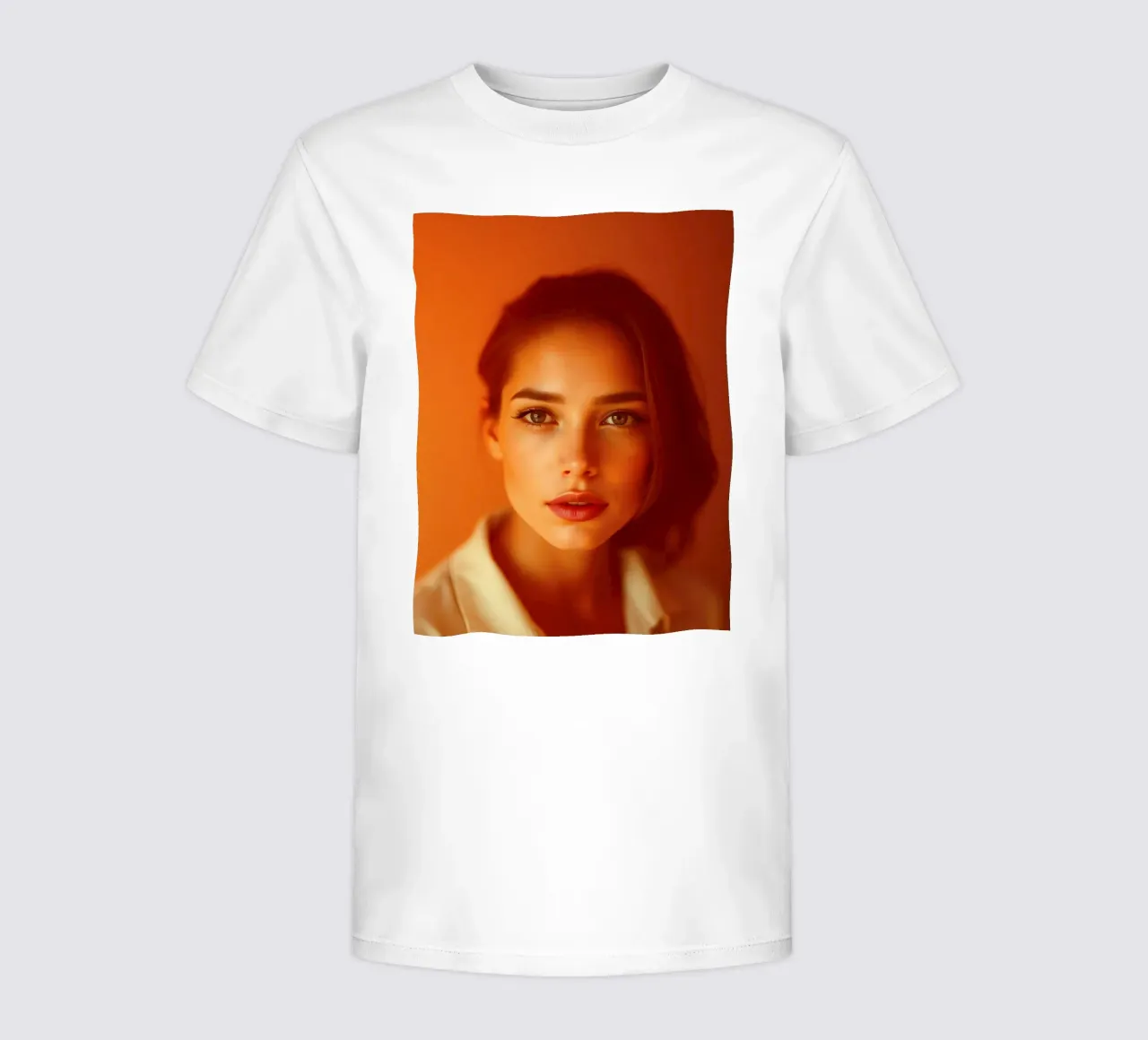 Jonge vrouw met expressieve ogen en zachte gelaatstrekken geposeerd kinder t-shirt van DesignDoodle