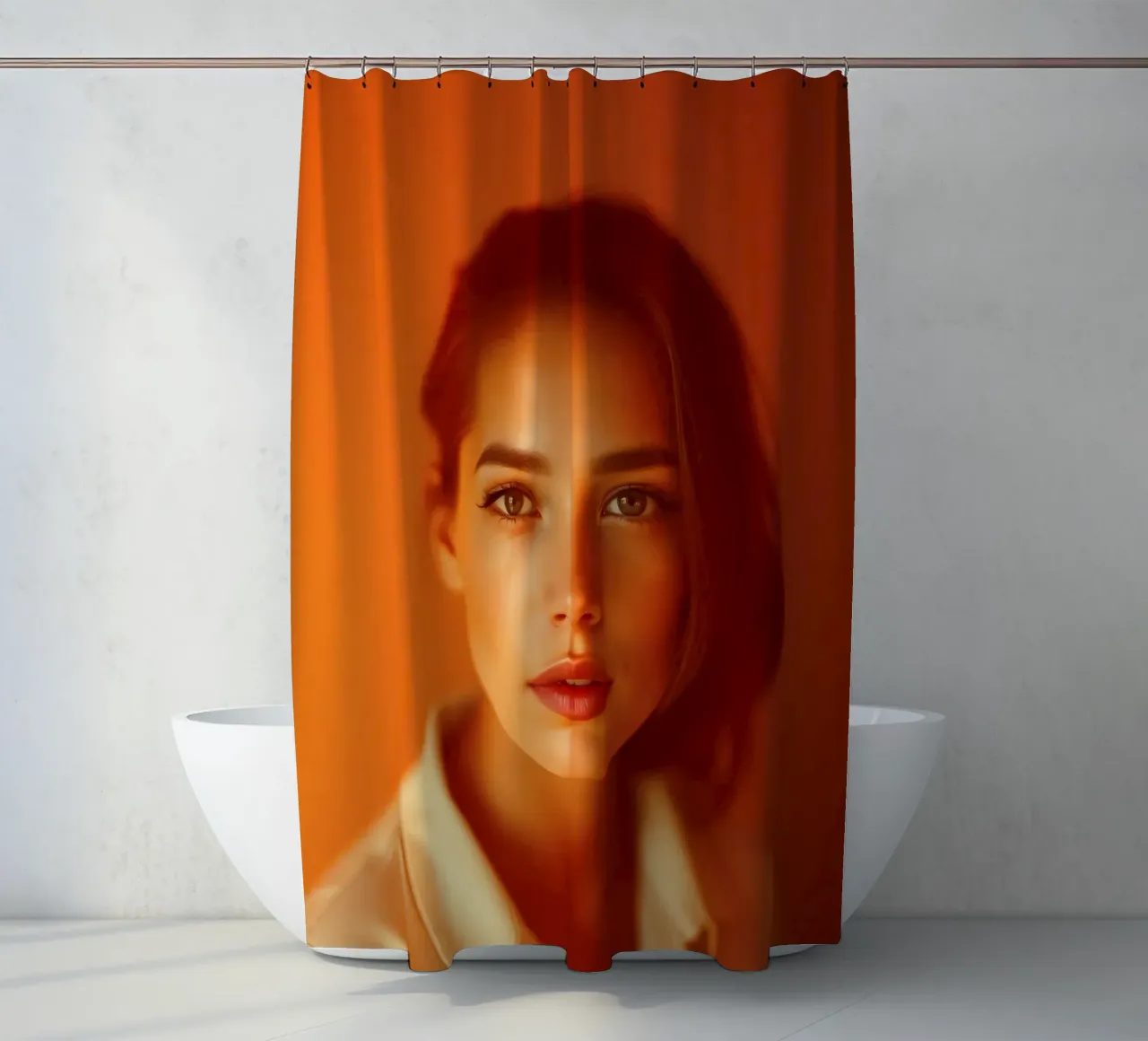 Young woman with expressive eyes and soft features posed shower curtain by DesignDoodle