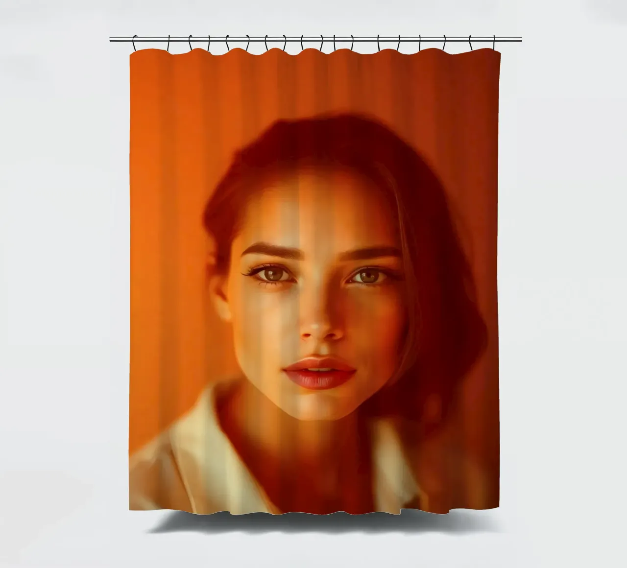 Young woman with expressive eyes and soft features posed shower curtain by DesignDoodle
