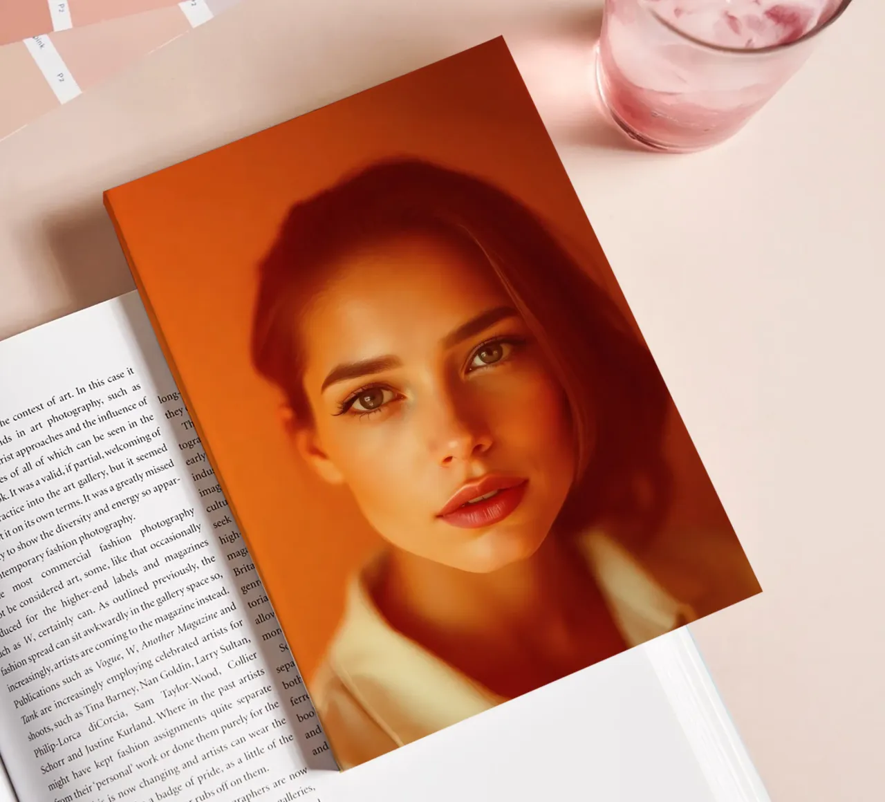 Jonge vrouw met expressieve ogen en zachte gelaatstrekken geposeerd notitieboek van DesignDoodle