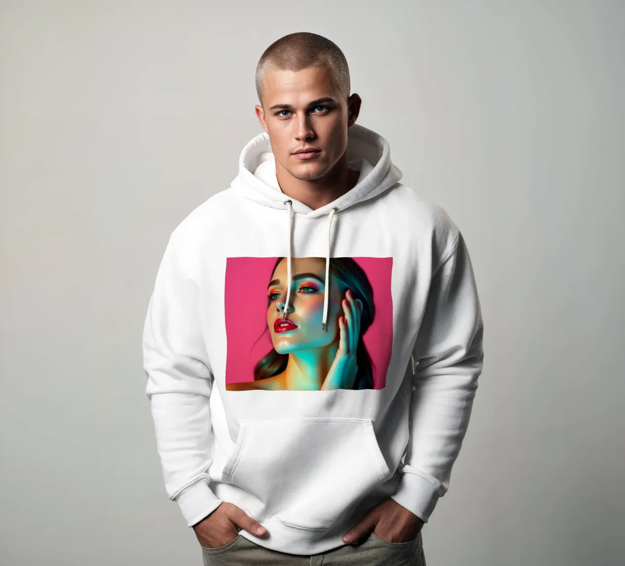 Beautiful woman with makeup against a bright pink background hoodie by DesignDoodle
