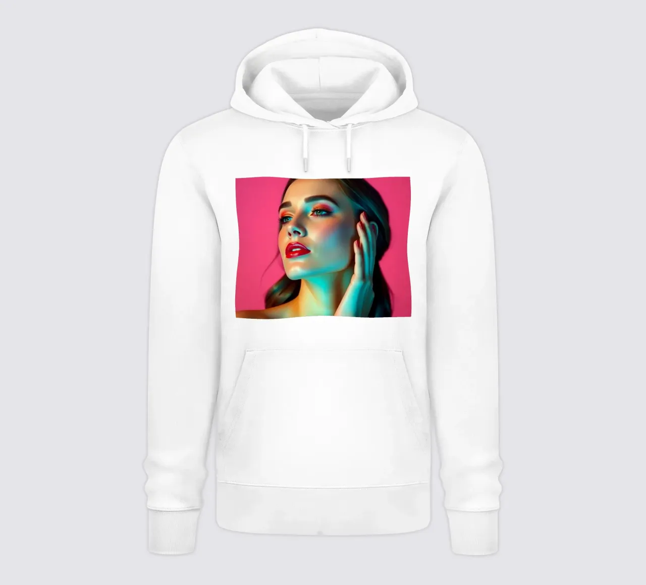 Beautiful woman with makeup against a bright pink background hoodie by DesignDoodle