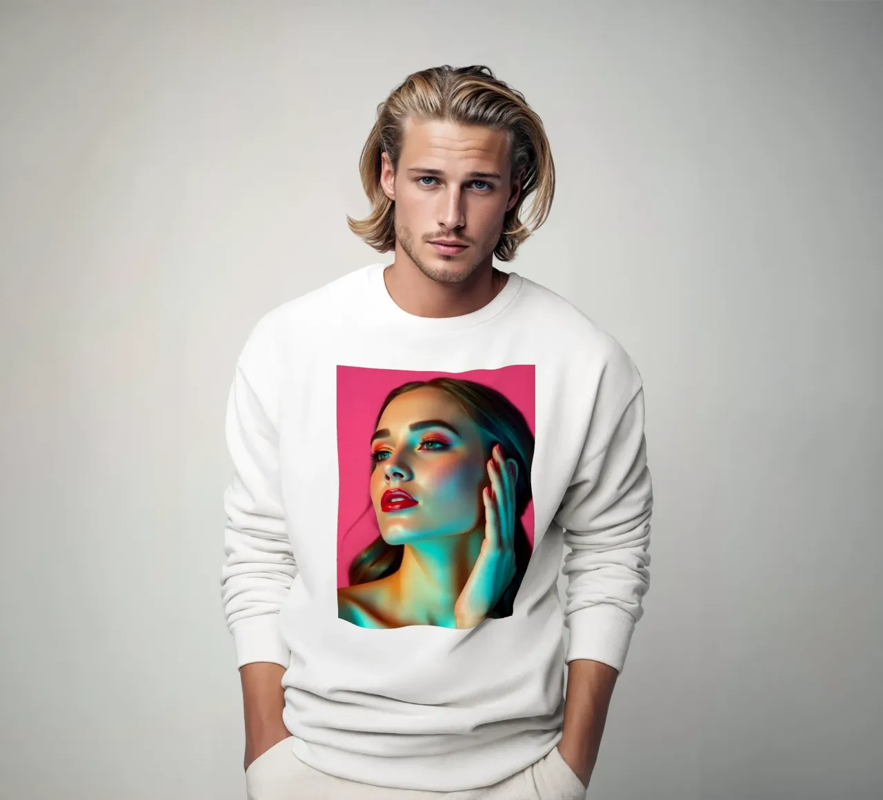 Beautiful woman with makeup against a bright pink background sweatshirt by DesignDoodle