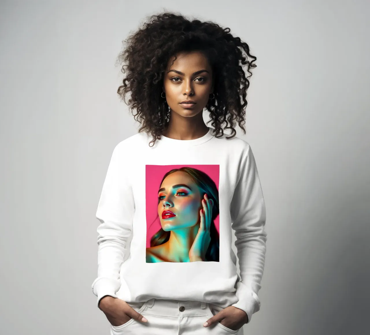 Beautiful woman with makeup against a bright pink background sweatshirt by DesignDoodle