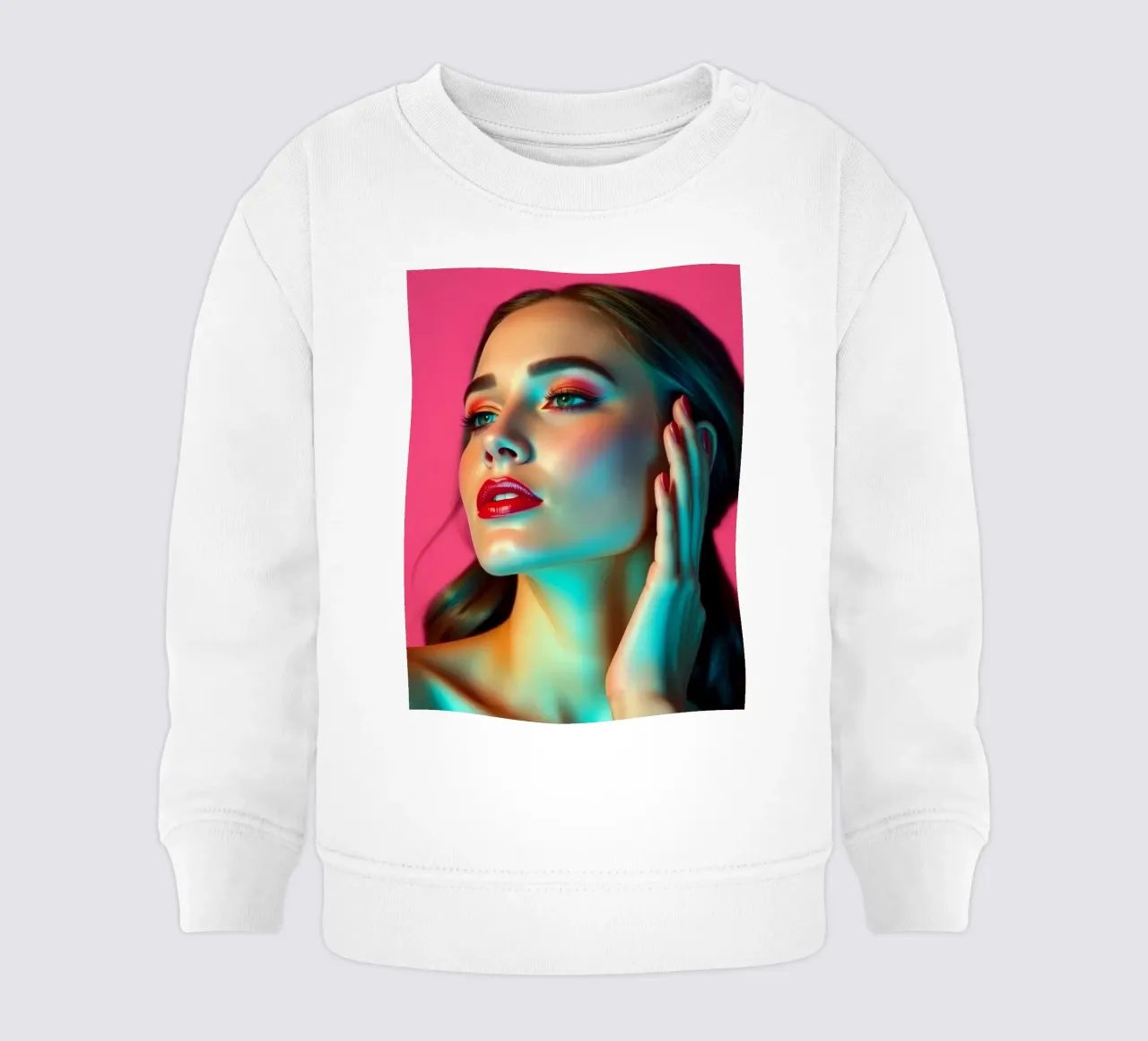 Mooie vrouw met make-up tegen een heldere roze achtergrond baby sweatshirt van DesignDoodle