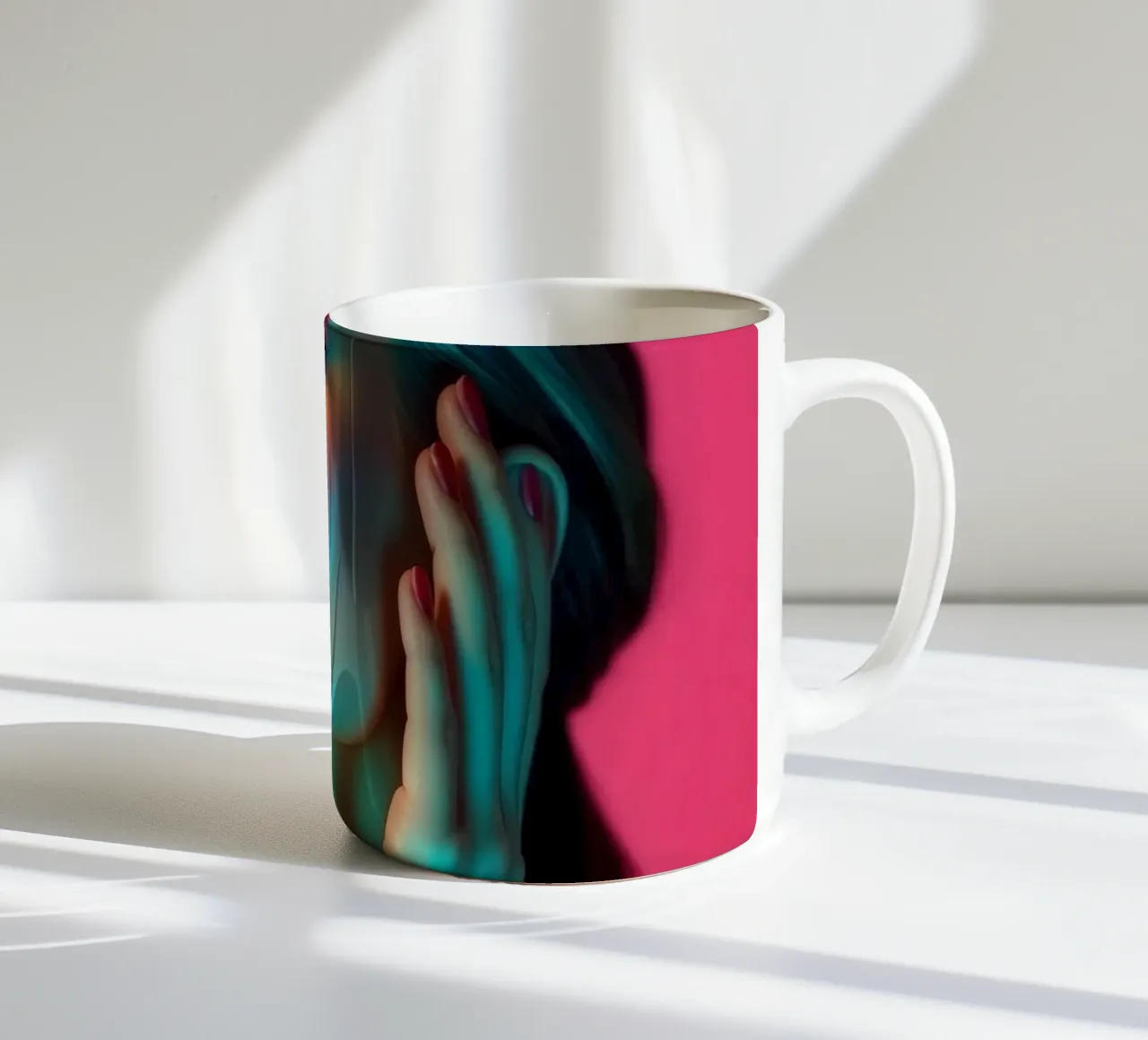 Mooie vrouw met make-up tegen een heldere roze achtergrond keramische mok van DesignDoodle