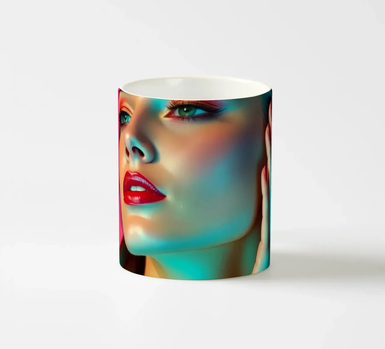 Mooie vrouw met make-up tegen een heldere roze achtergrond keramische mok van DesignDoodle