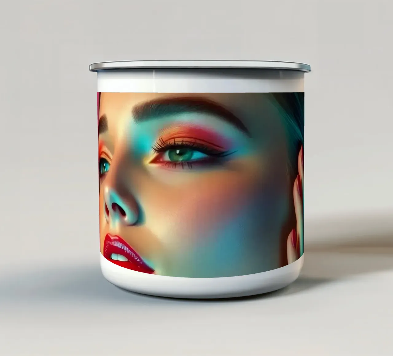 Mooie vrouw met make-up tegen een heldere roze achtergrond emaille mok van DesignDoodle