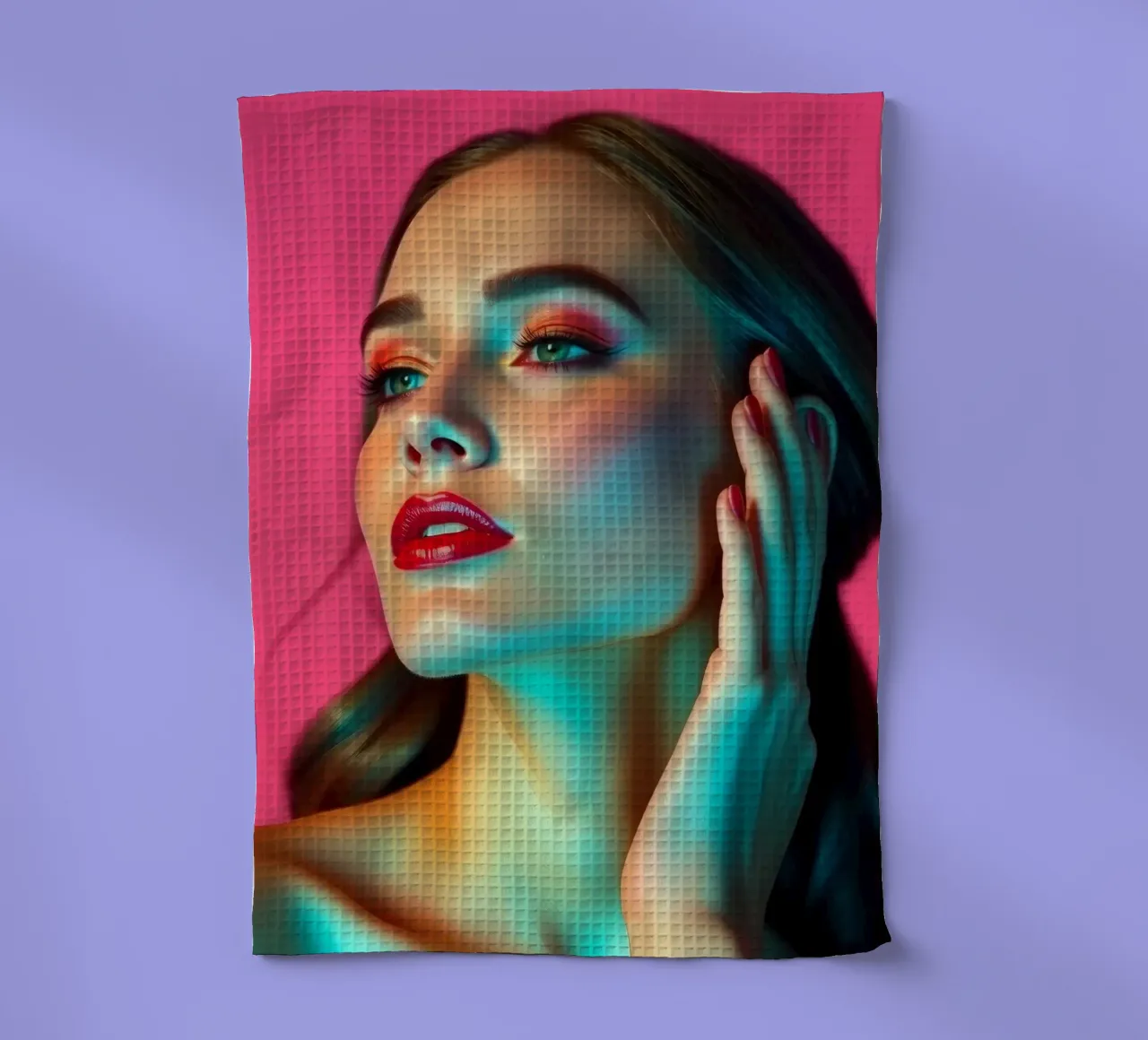 Beautiful woman with makeup against a bright pink background tea towel by DesignDoodle