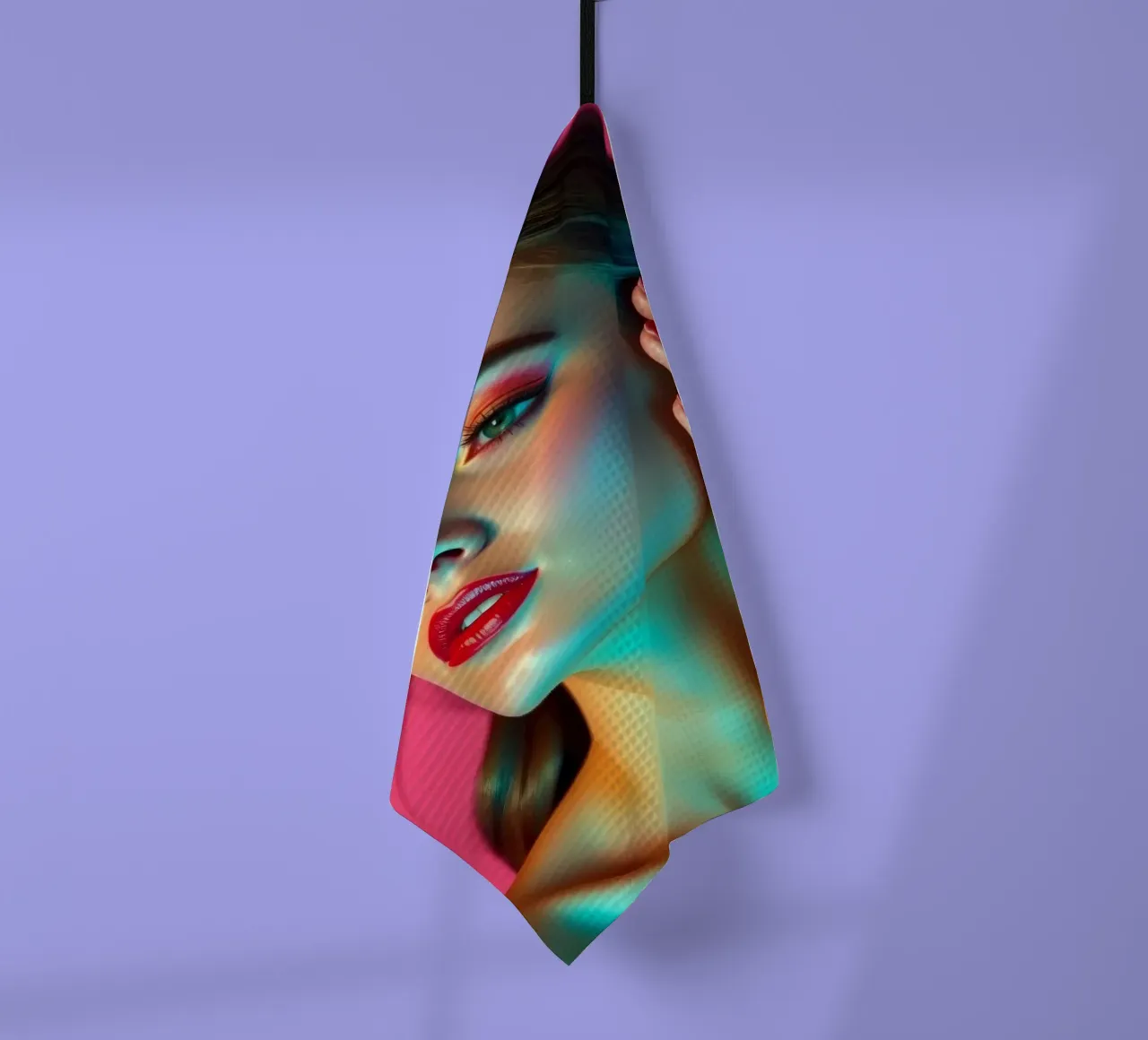 Beautiful woman with makeup against a bright pink background tea towel by DesignDoodle