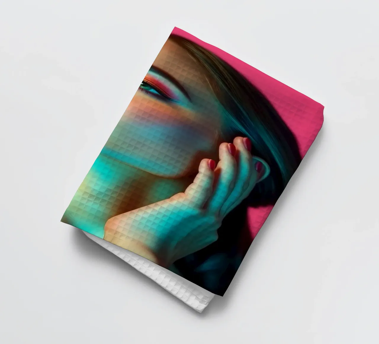 Beautiful woman with makeup against a bright pink background tea towel by DesignDoodle