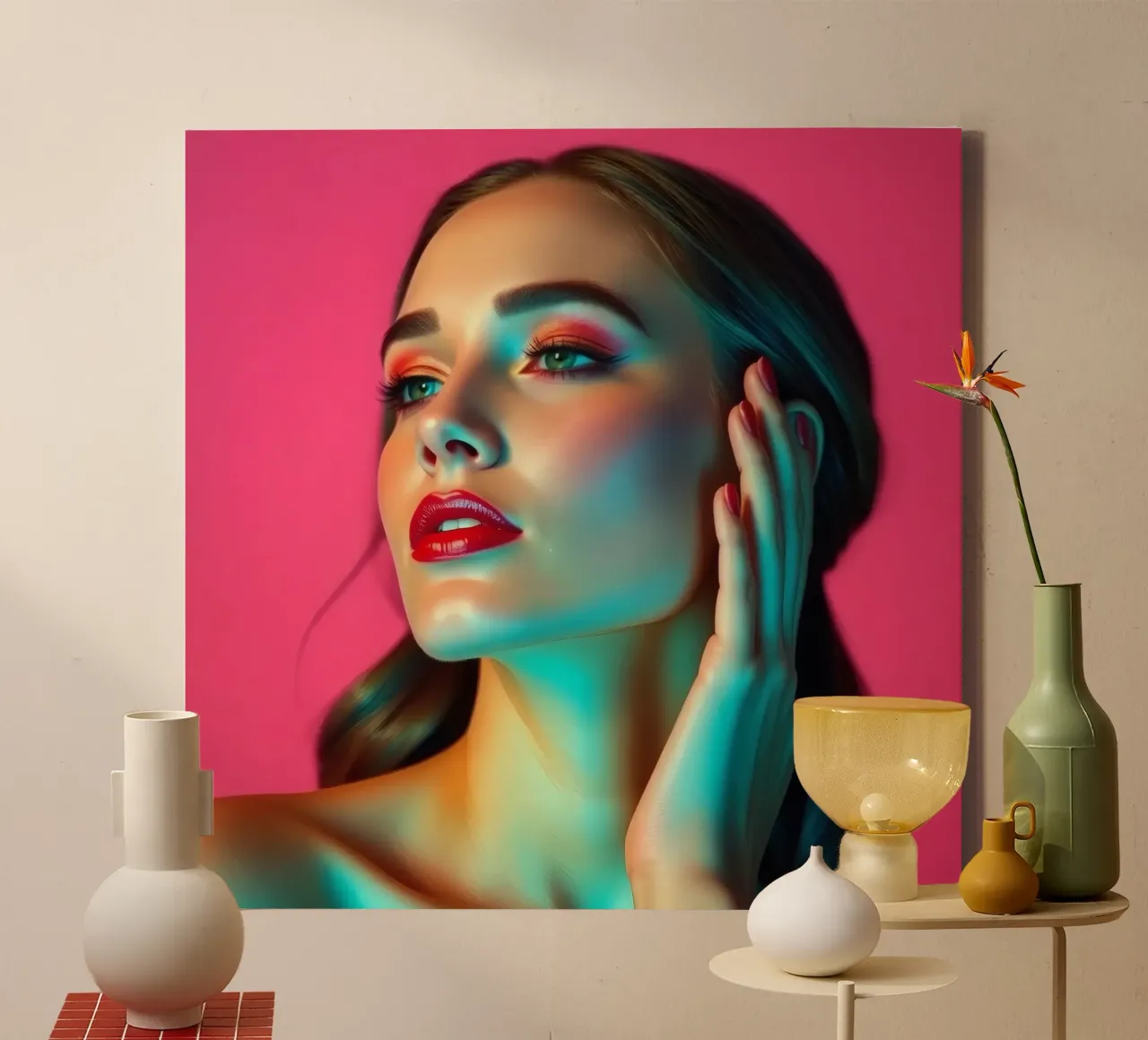 Schöne Frau mit Make-up gegen einen hellen rosa Hintergrund Leinwand von DesignDoodle