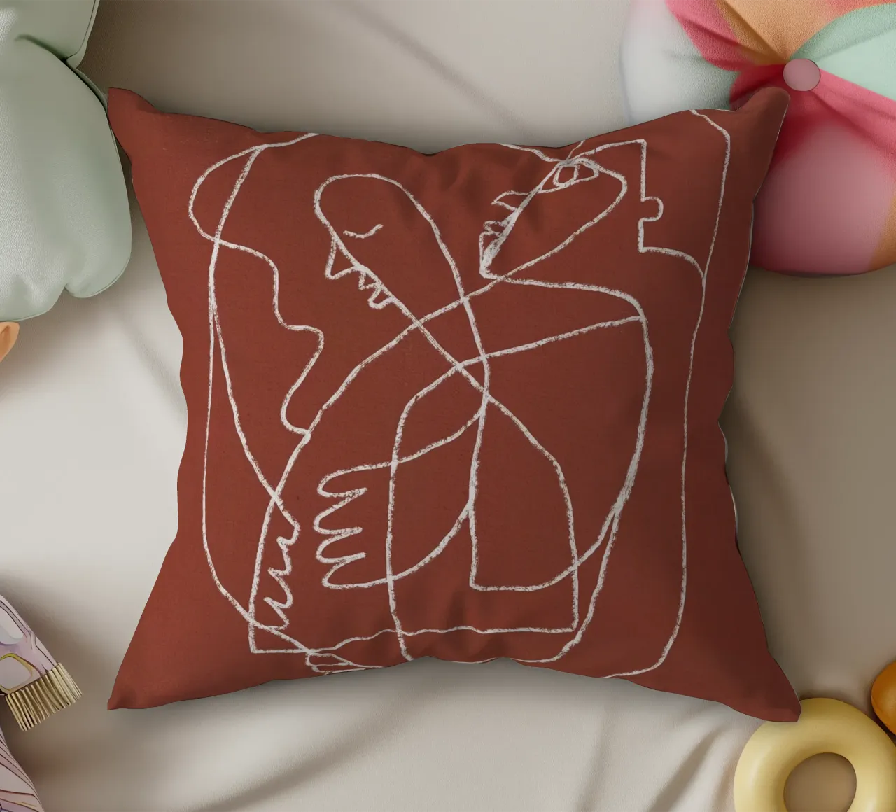 Couple hugging line art abstract decorative cushion by Little Dean