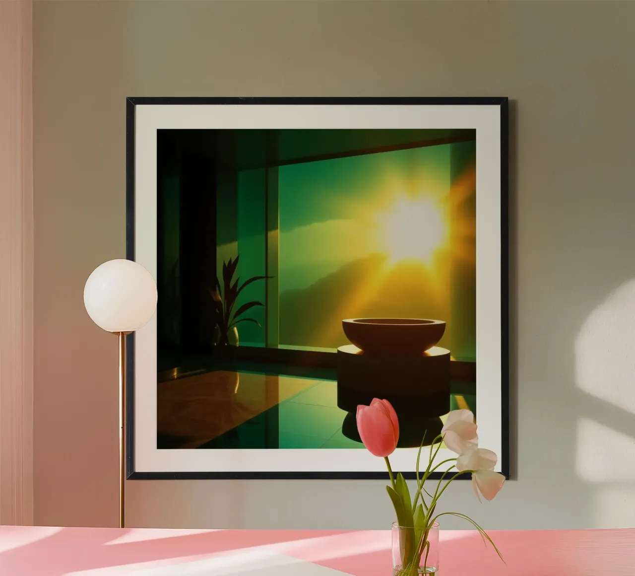 Un bellissimo tramonto visto attraverso un moderno spazio interno poster con telaio in alluminio da DesignDoodle