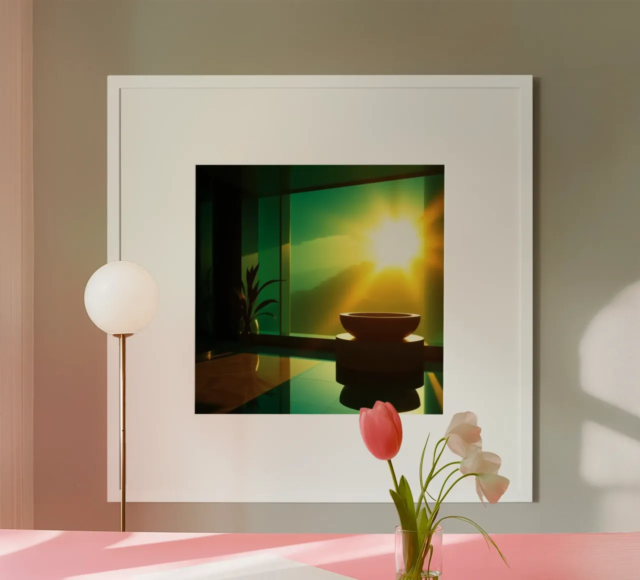 Un bellissimo tramonto visto attraverso un moderno spazio interno poster con telaio in alluminio da DesignDoodle