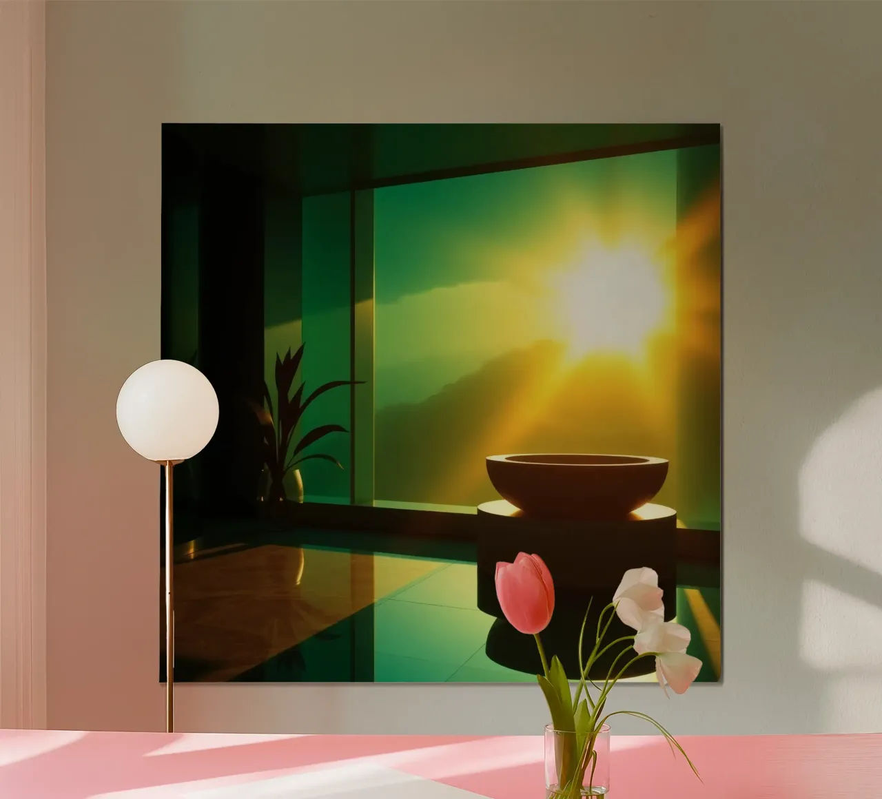 Un bellissimo tramonto visto attraverso un moderno spazio interno poster con telaio in alluminio da DesignDoodle