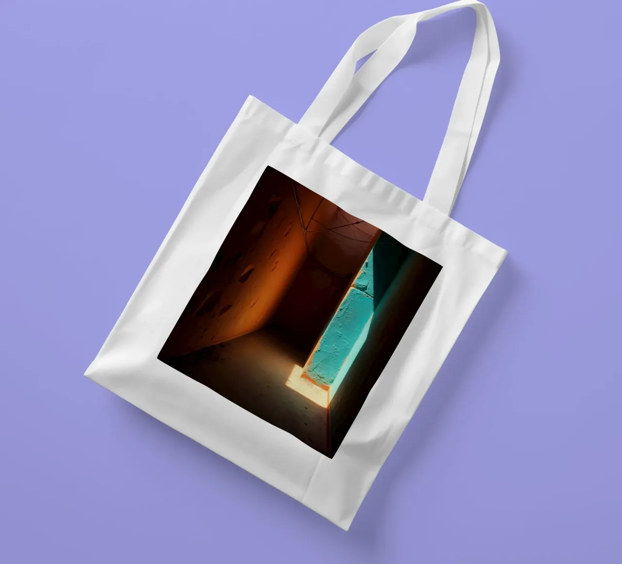 A corridor showcases a striking contrast with orange and tur tote bag by DesignDoodle