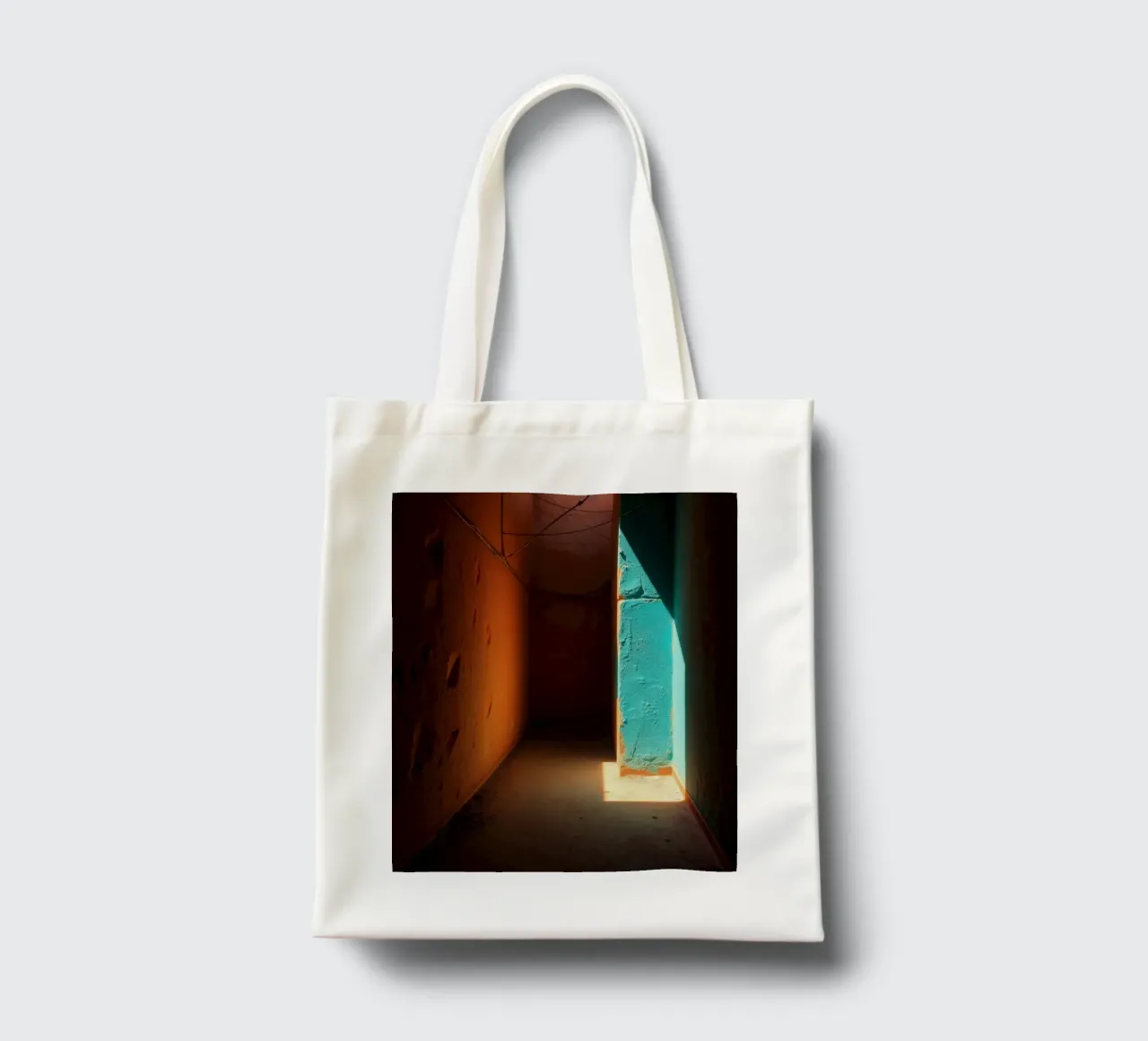 A corridor showcases a striking contrast with orange and tur tote bag by DesignDoodle