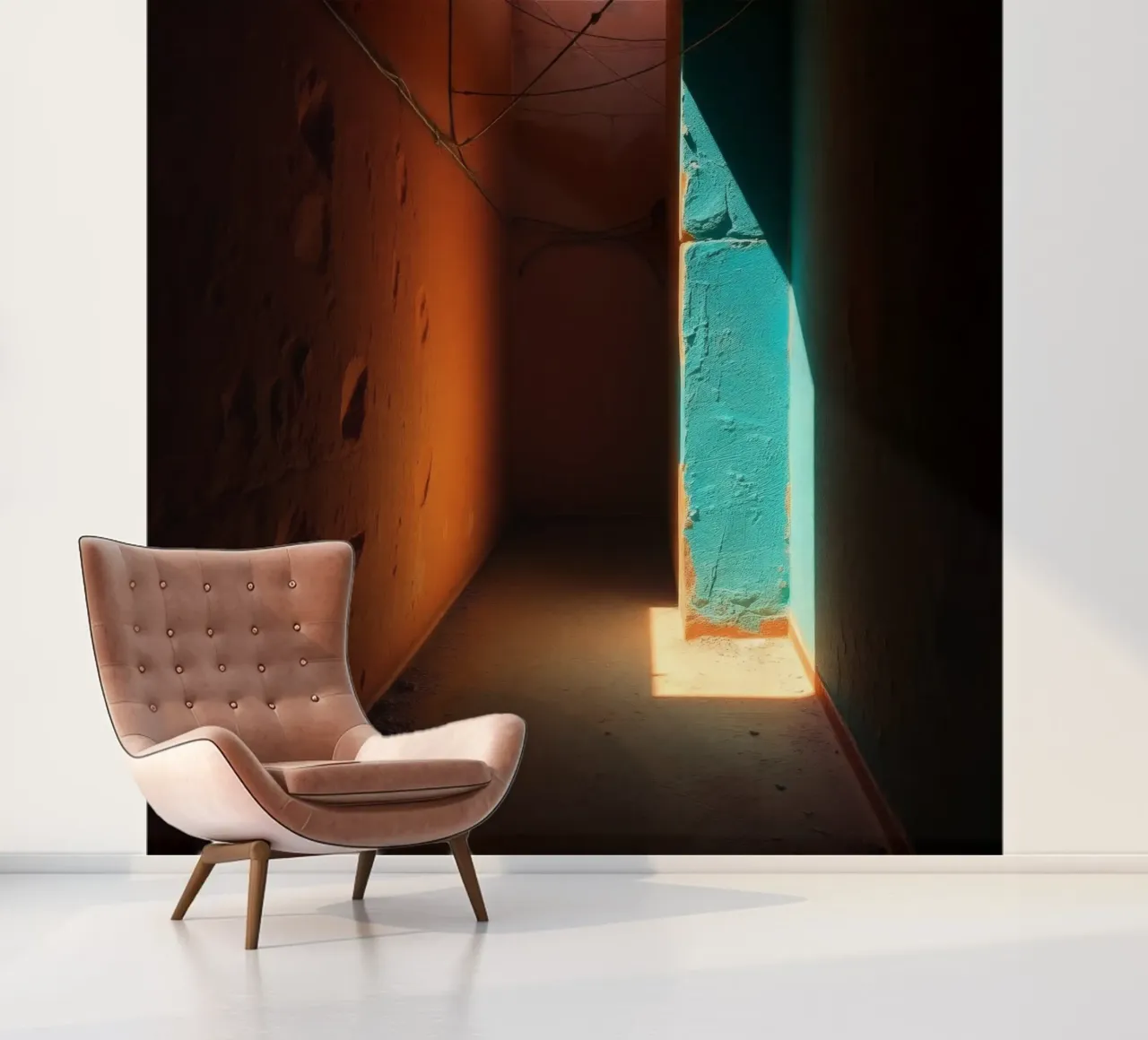 Een gang toont een opvallend contrast met oranje en turkoois fotobehang van DesignDoodle