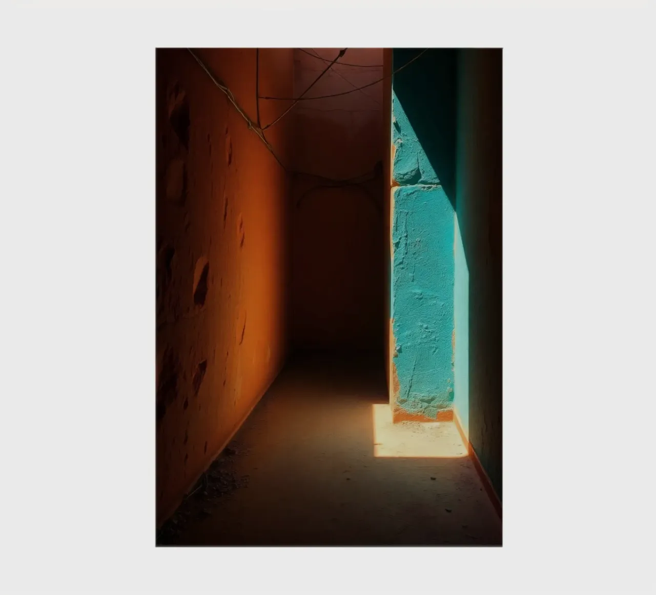 A corridor showcases a striking contrast with orange and tur notebook by DesignDoodle