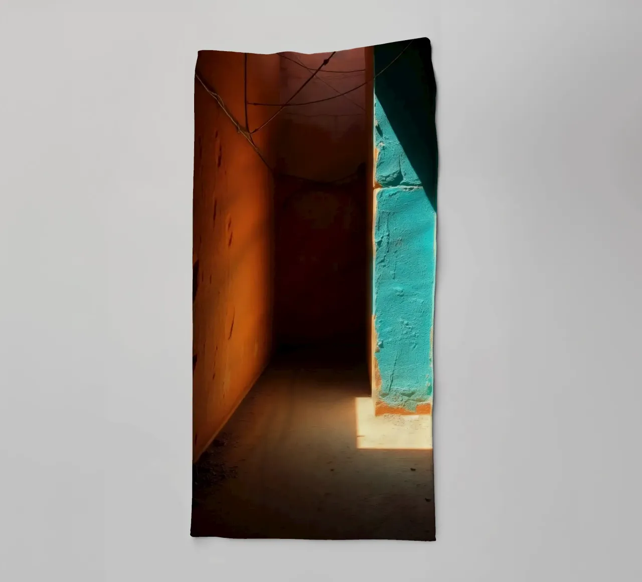 A corridor showcases a striking contrast with orange and tur towel by DesignDoodle