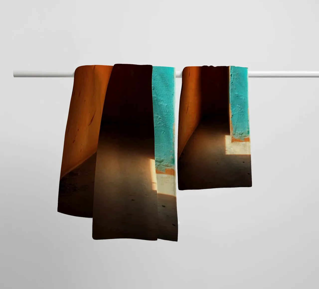A corridor showcases a striking contrast with orange and tur towel by DesignDoodle
