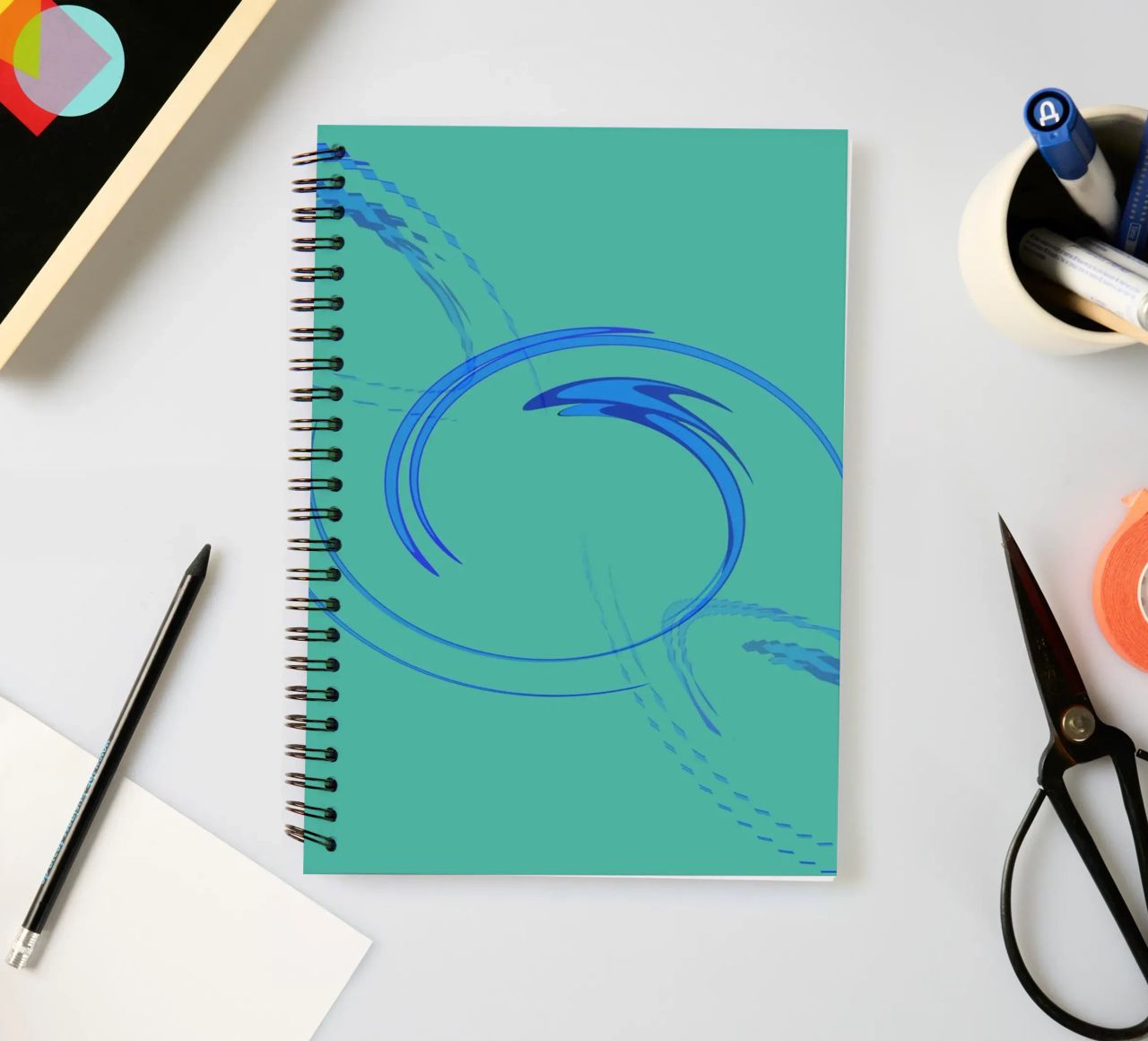 Forma dinamica circolare astratta in blu e verde diario ad anelli da Something for you