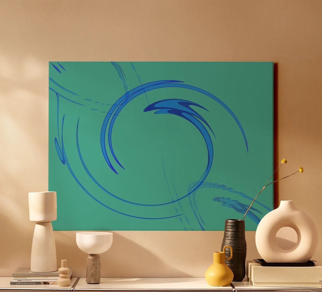 Forma dinamica circolare astratta in blu e verde tela da Something for you
