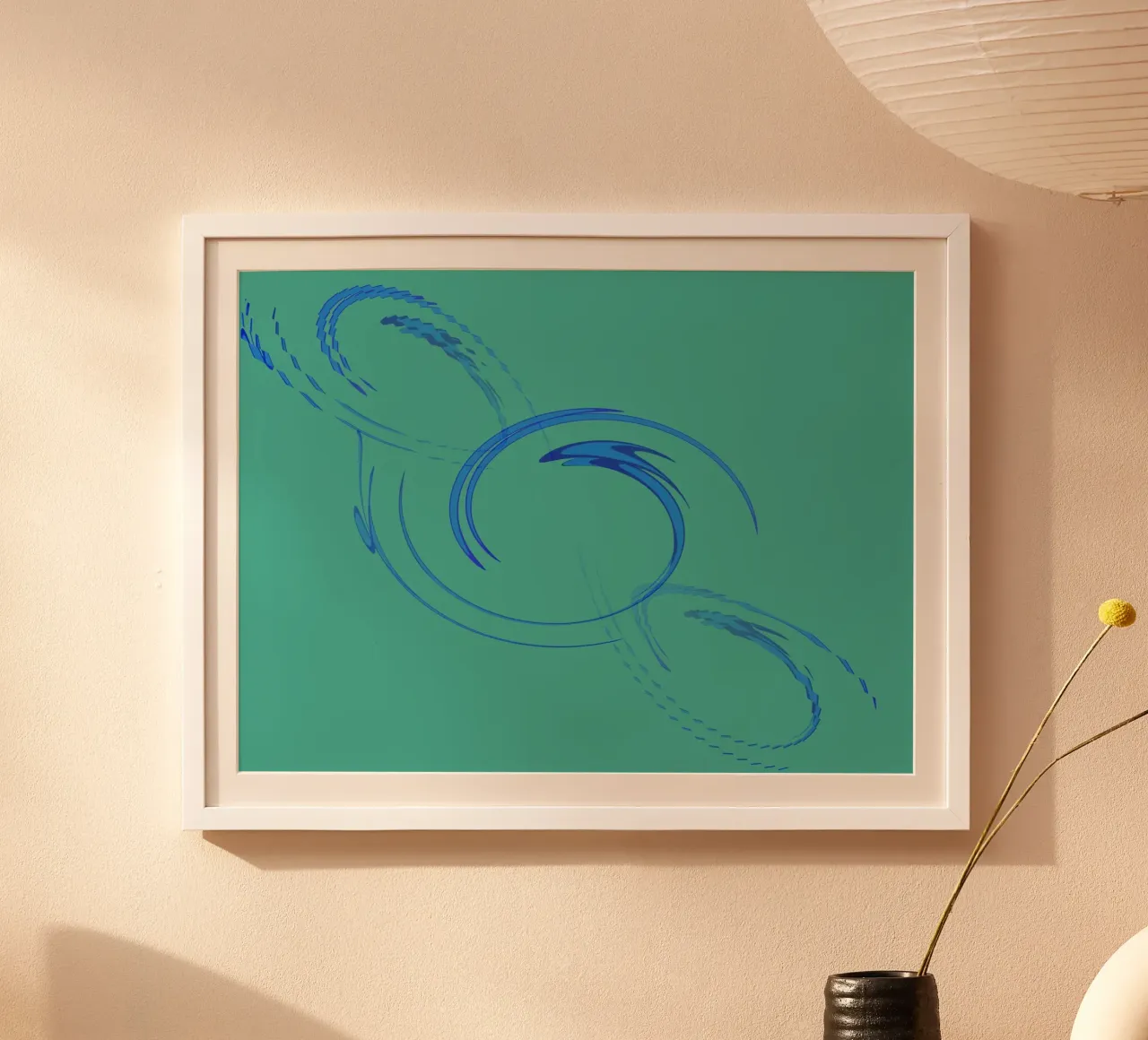 Forma dinamica circolare astratta in blu e verde poster con telaio in legno da Something for you