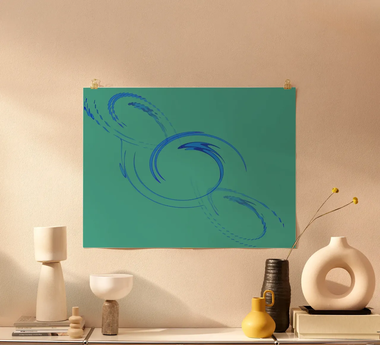 Forma dinamica circolare astratta in blu e verde poster con telaio in legno da Something for you