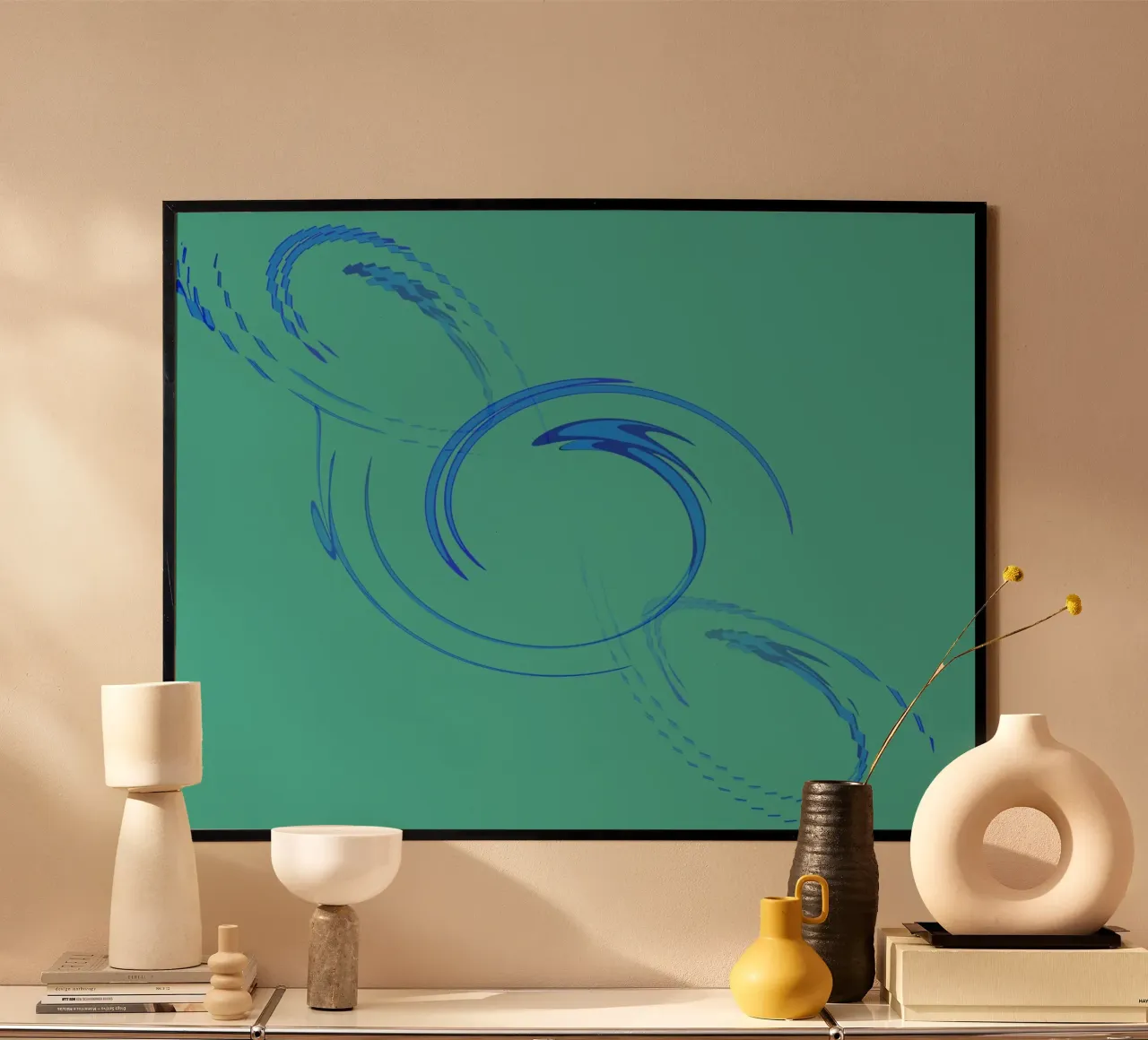 Forma dinamica circolare astratta in blu e verde poster con telaio in legno da Something for you