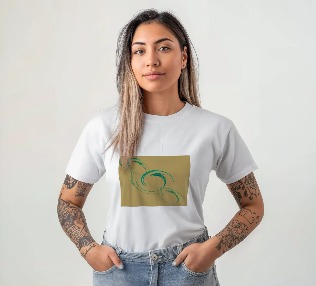Abstract dynamic circular pattern in green + brown t-shirt by Something for you