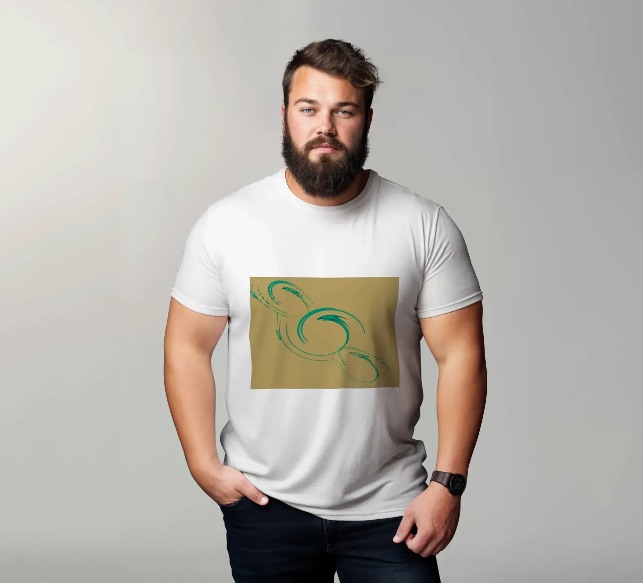 Abstract dynamic circular pattern in green + brown t-shirt by Something for you