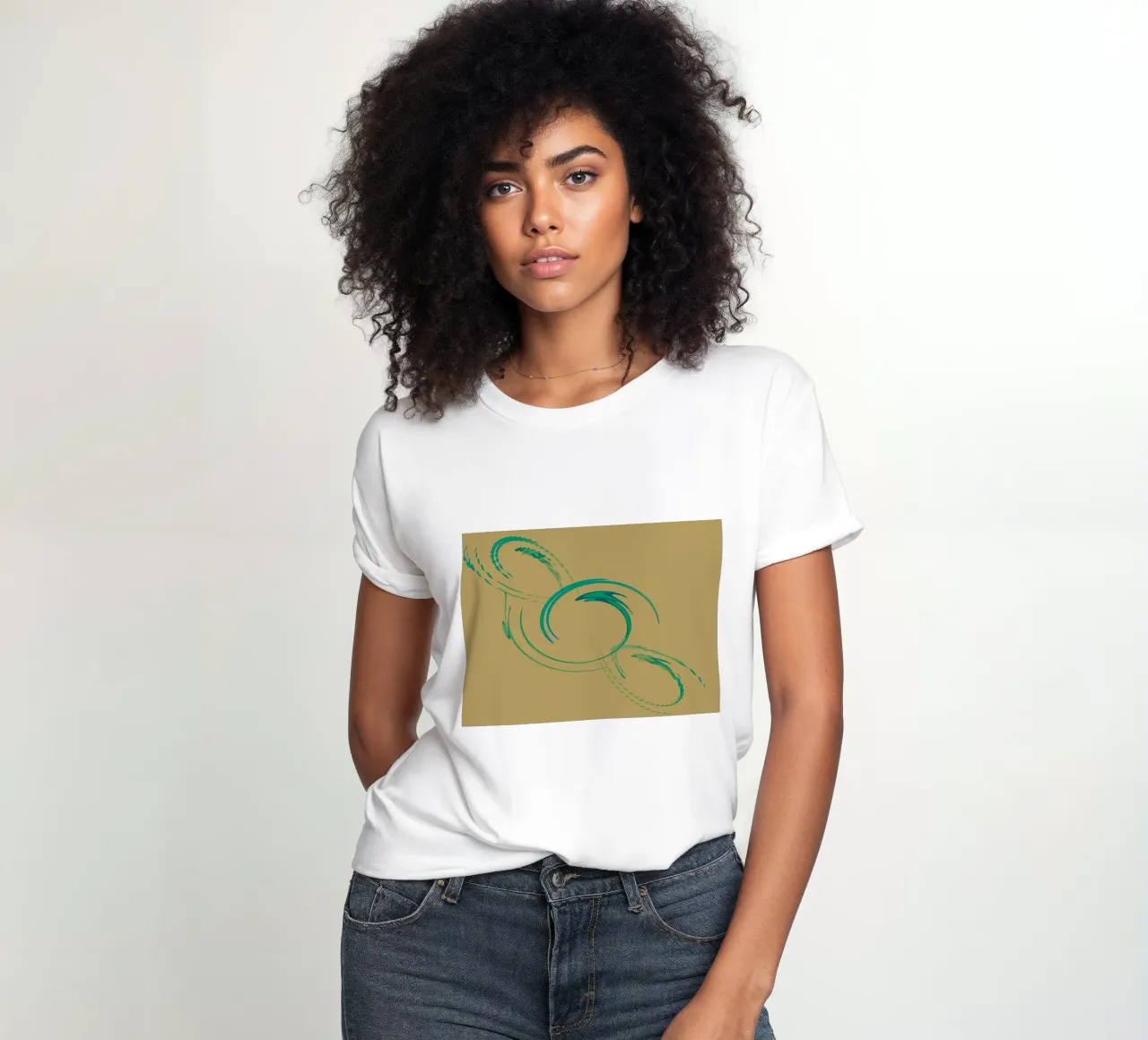 Abstract dynamic circular pattern in green + brown women's fitted t-shirt by Something for you