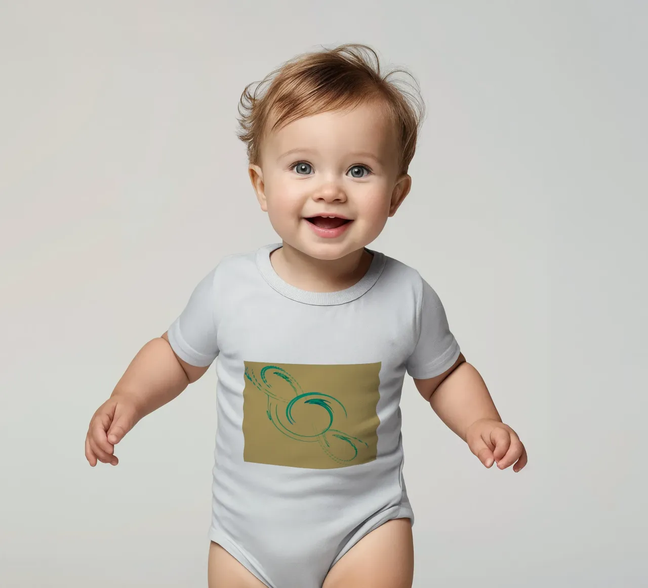 Abstract dynamic circular pattern in green + brown short-sleeve baby romper by Something for you