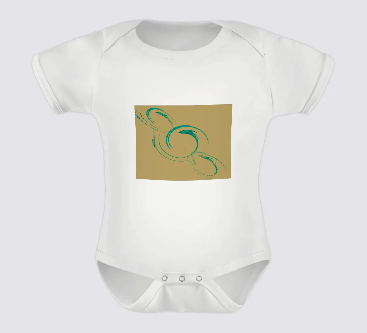 Abstract dynamic circular pattern in green + brown short-sleeve baby romper by Something for you