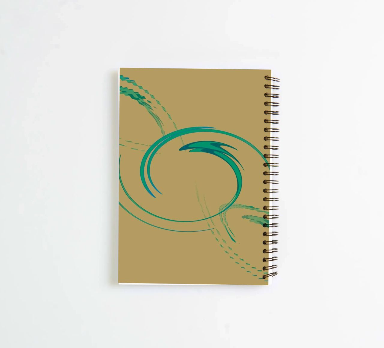 Abstract dynamic circular pattern in green + brown spiral notebook by Something for you