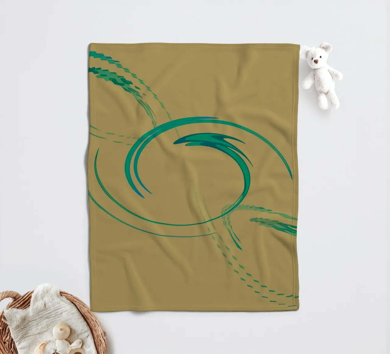 Abstract dynamic circular pattern in green + brown fleece blanket by Something for you
