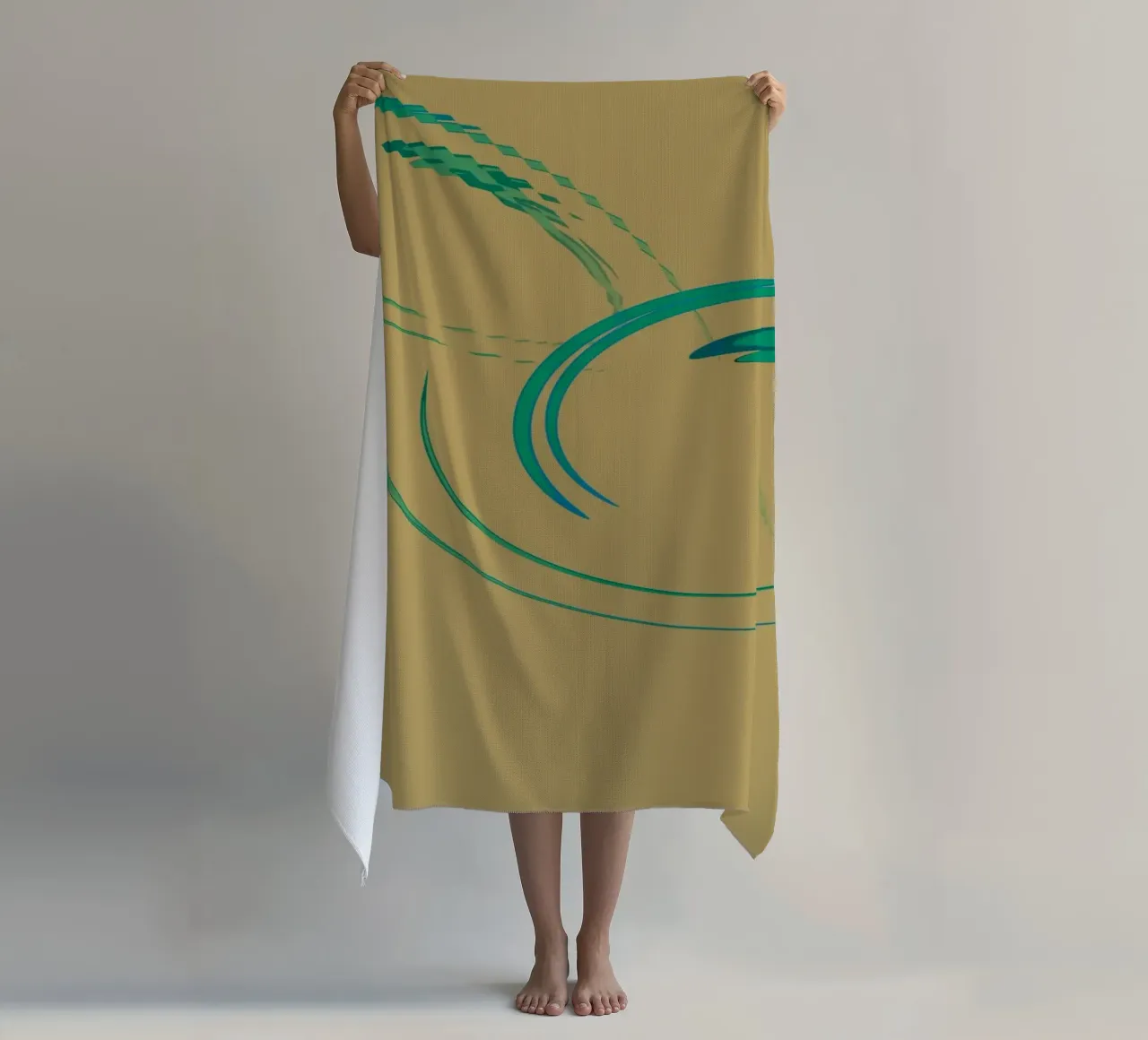 Abstract dynamic circular pattern in green + brown beach towel by Something for you