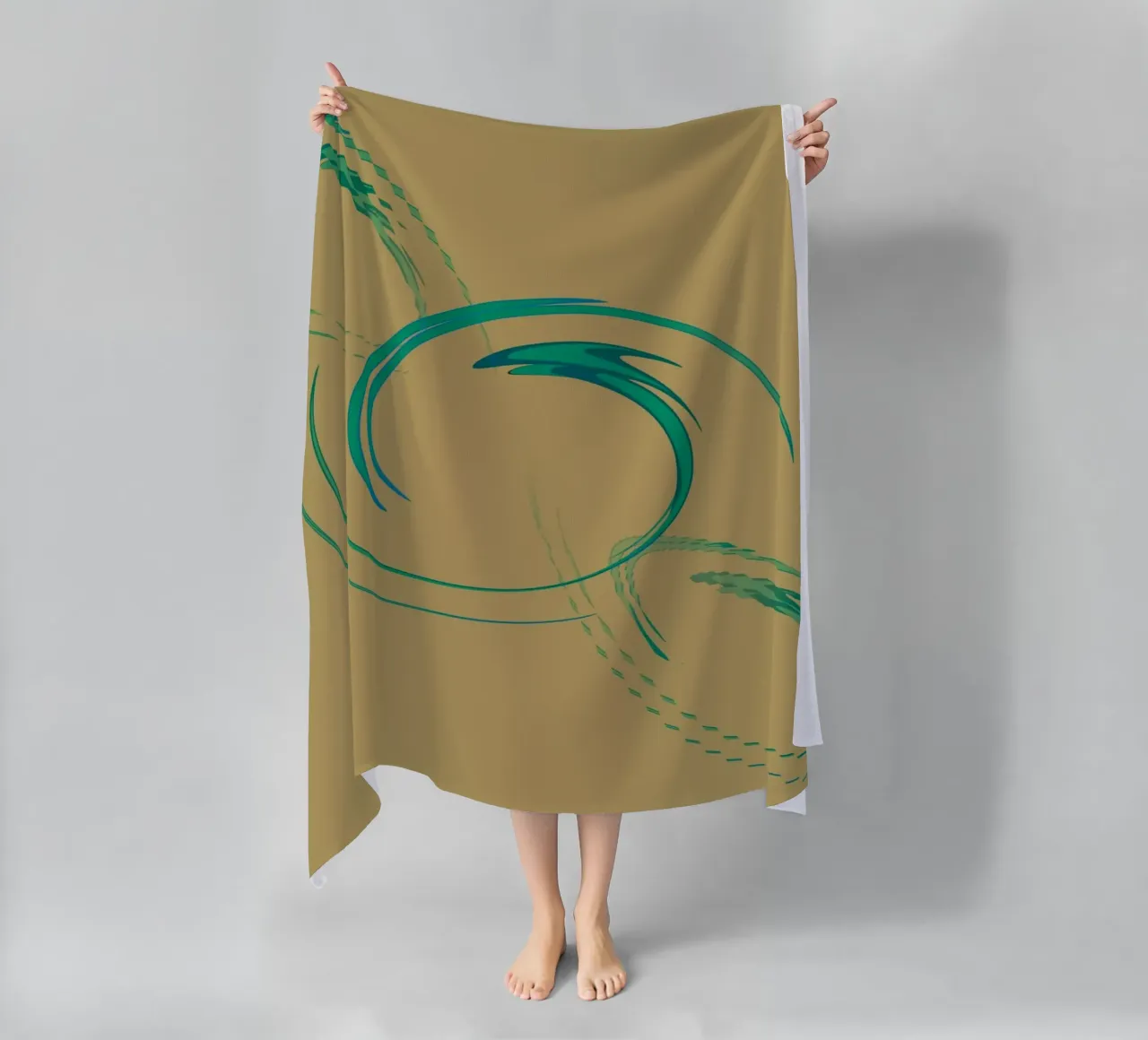 Abstract dynamic circular pattern in green + brown beach towel by Something for you