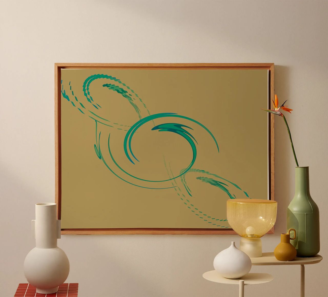 Abstract dynamic circular pattern in green + brown canvas by Something for you