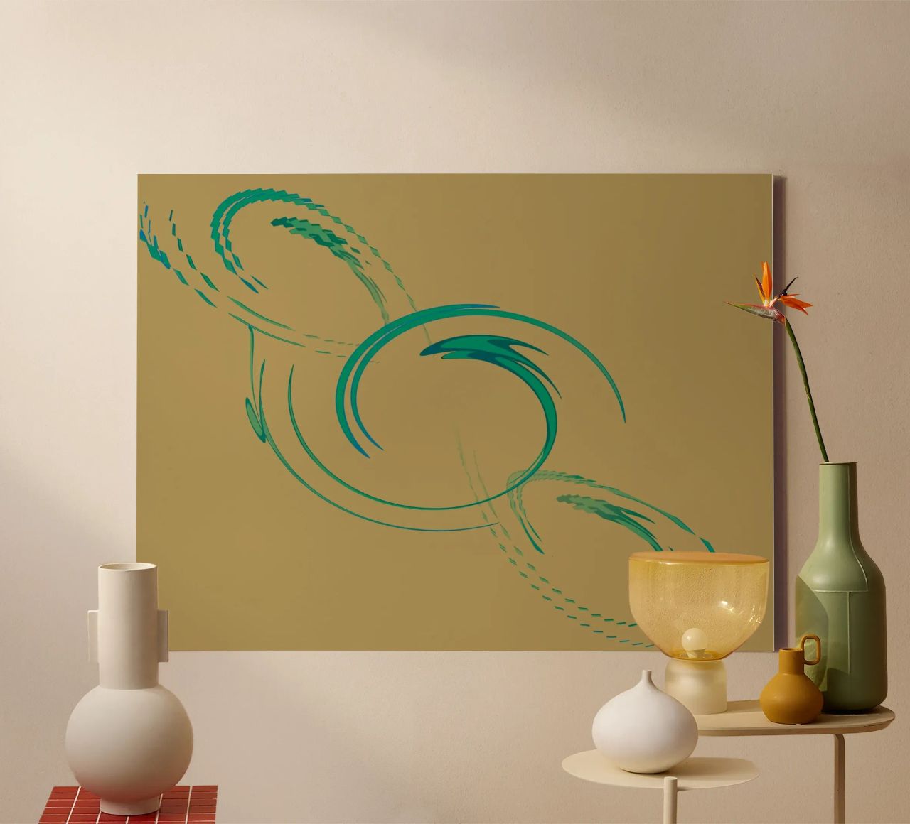 Abstract dynamic circular pattern in green + brown canvas by Something for you