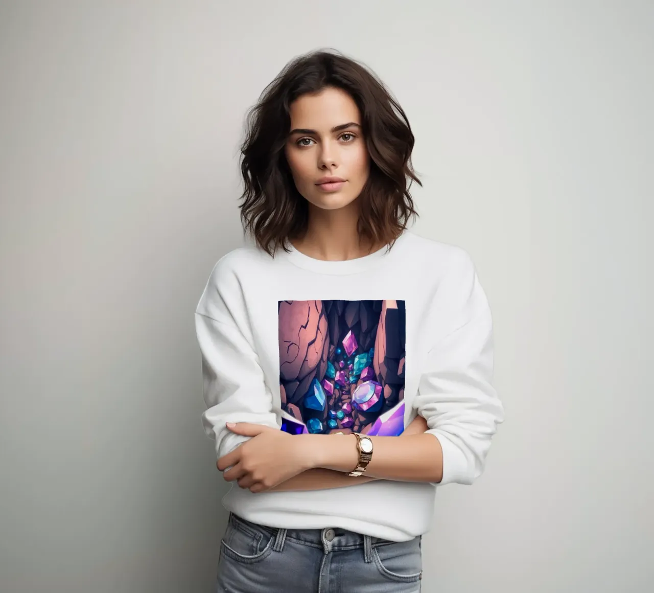 crystals shimmer in a narrow cavern with intricate rock form sweatshirt by DesignDoodle