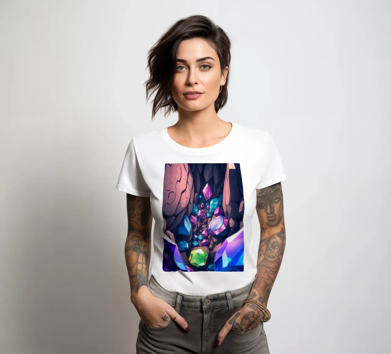 cristalli scintillano in una stretta caverna con intricate forme di roccia t-shirt da donna da DesignDoodle