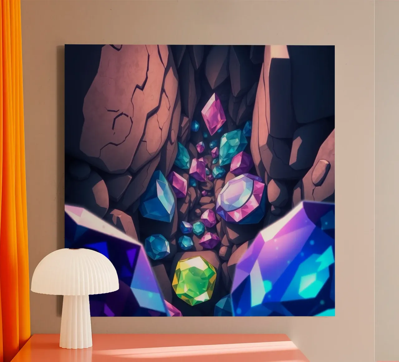 cristalli scintillano in una stretta caverna con intricate forme di roccia tela da DesignDoodle