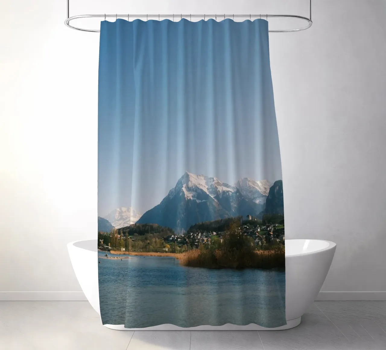 Spring View of the Bernese Alps from Lake Thun Duschvorhang von FujiSwiss