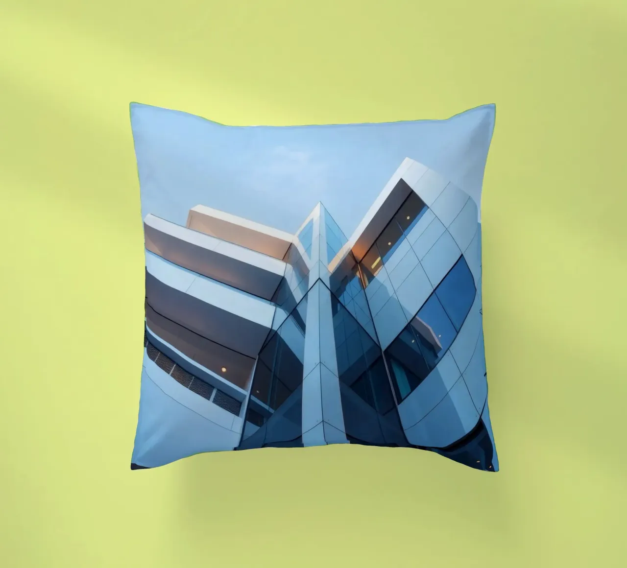 Modern architectural design featuring glass and concrete decorative cushion by DesignDoodle
