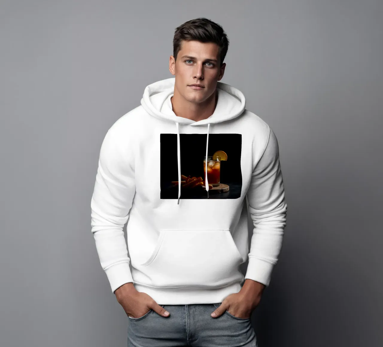Bebida refrescante con guarnición de naranja servida en tabla de madera sudadera con capucha de DesignDoodle