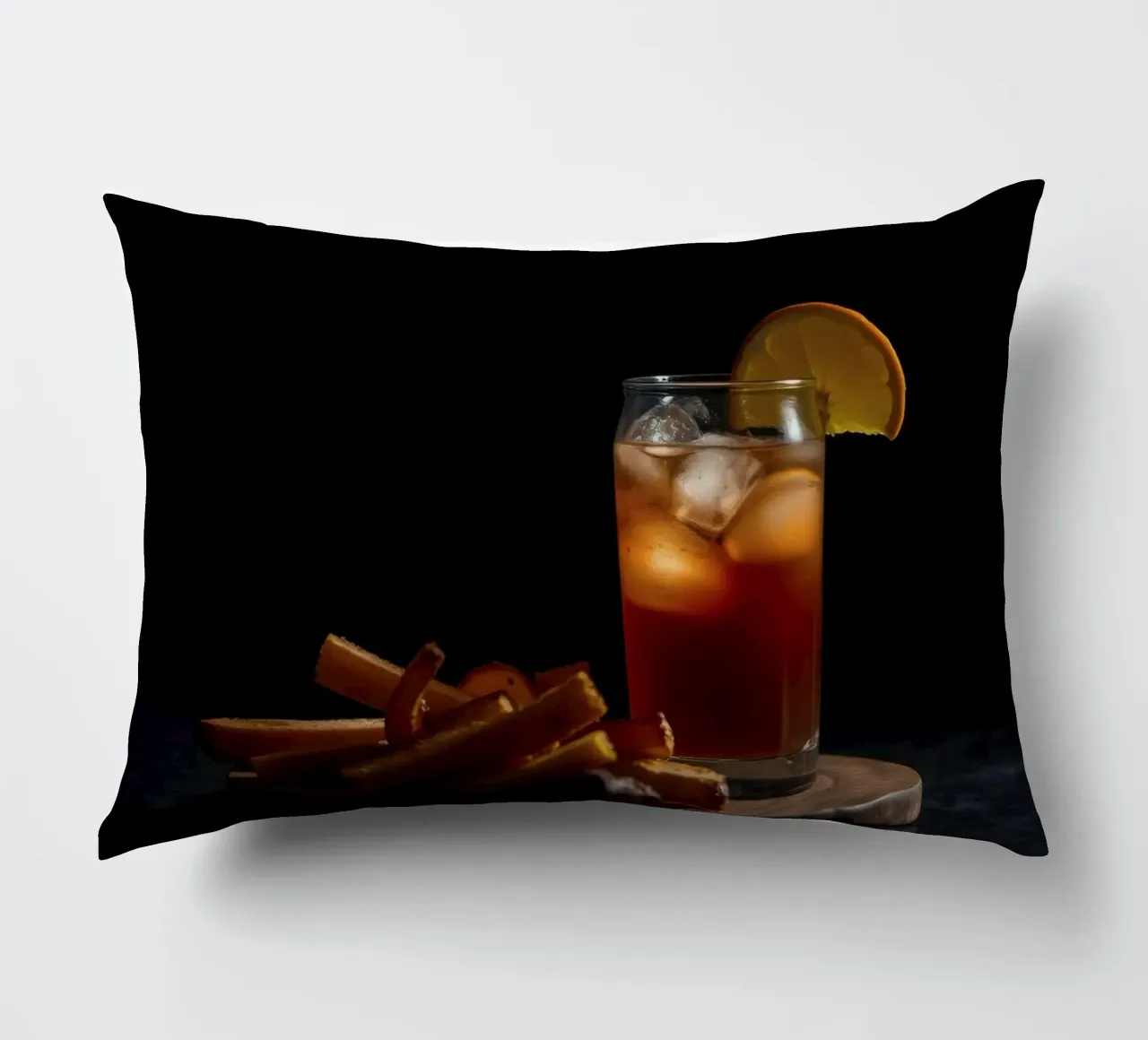 Refreshing drink with orange garnish served on wooden board decorative cushion by DesignDoodle