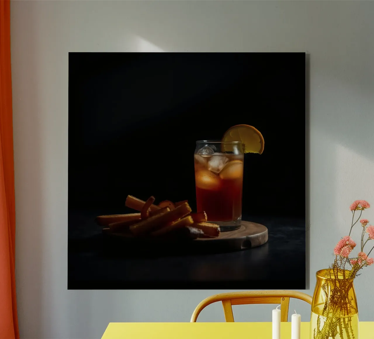 Bebida refrescante con guarnición de naranja servida en tabla de madera aluminio dibond de DesignDoodle